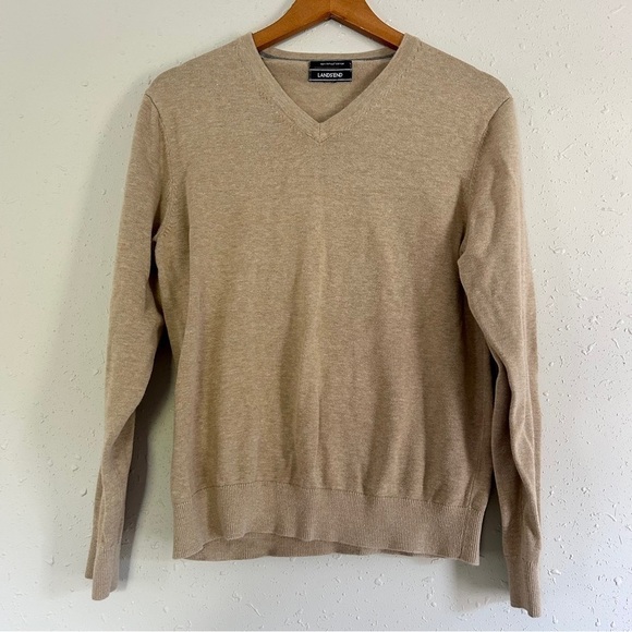 Lands’ End Tan 100% Supima Cotton V-Neck Sweater Large - Picture 1 of 6
